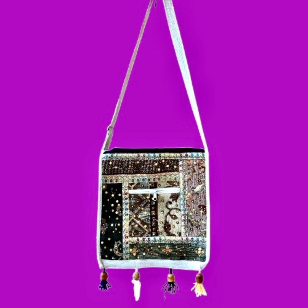 Burlap Womens Crossbody Bag Messenger Boho Hippie Embellished FLAWS
